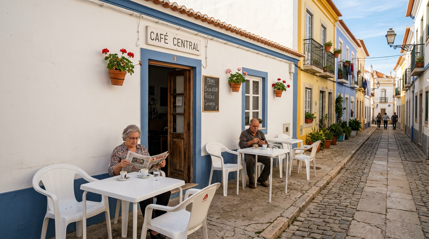 Esplanada do café com mesas e cadeiras na rua, ambiente tranquilo de vila portuguesa